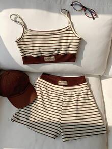 Comfortcana Women's Summer Casual Commuting Beaded Decor Contrast Stripe Print Cropped Tank Top And Shorts 2-Piece Set - Mocha Brown - View 1