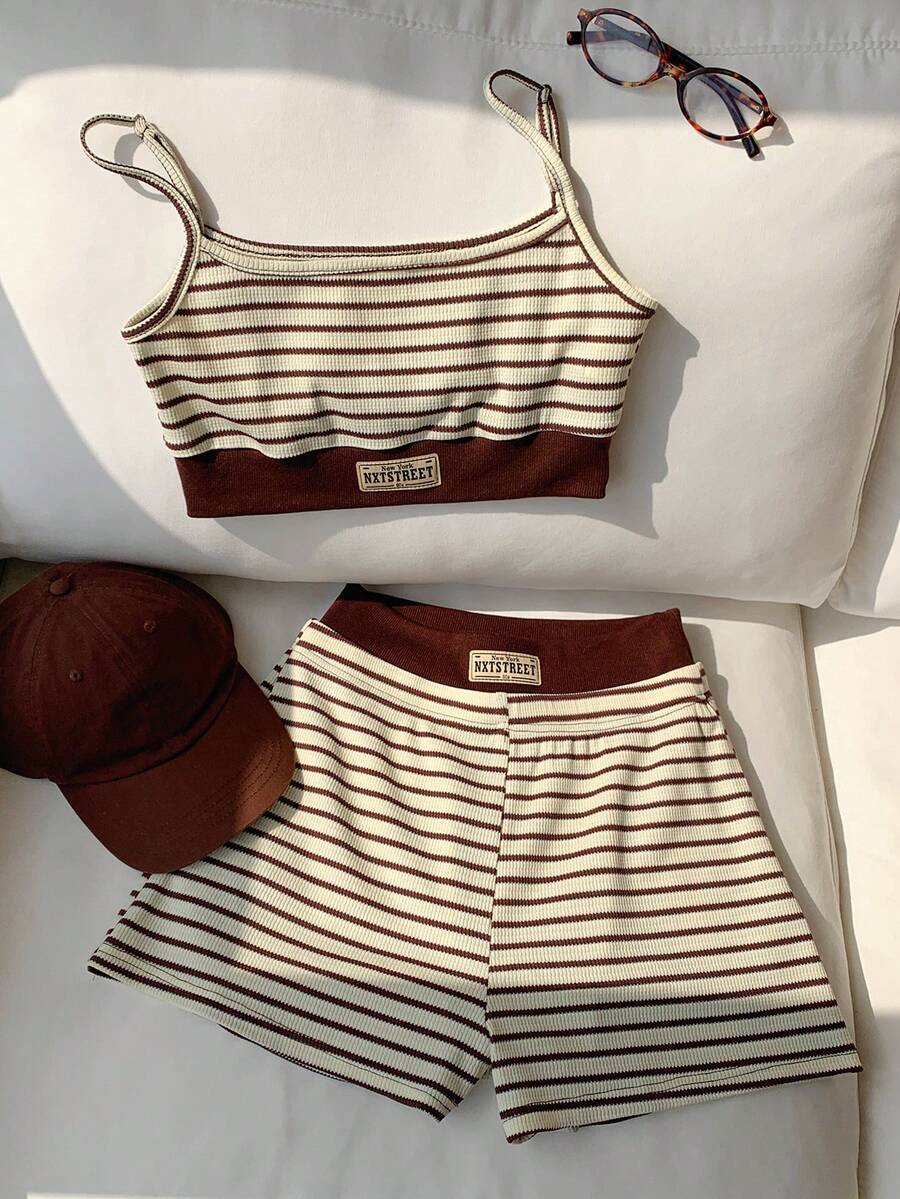 Comfortcana Women's Summer Casual Commuting Beaded Decor Contrast Stripe Print Cropped Tank Top And Shorts 2-Piece Set - Mocha Brown - View 1