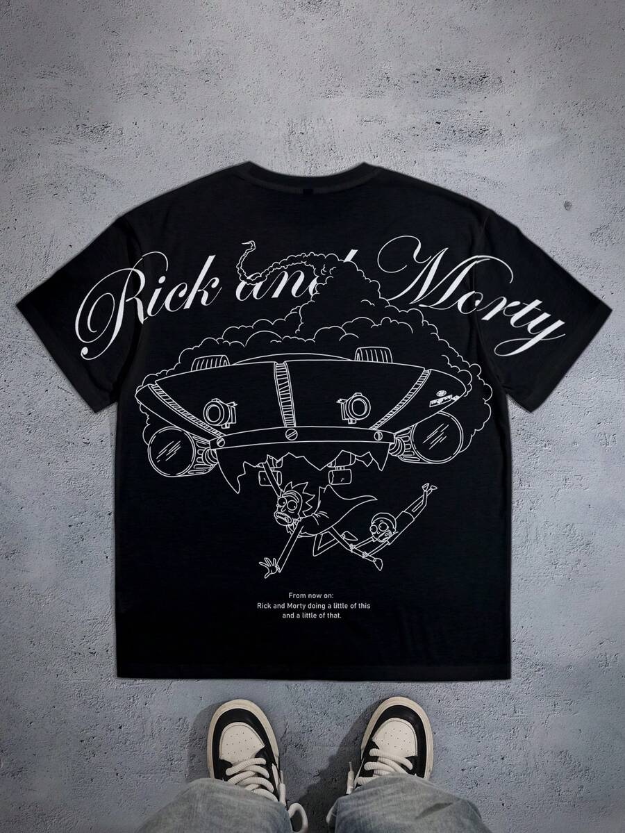 Rick and Morty X SHEIN 男士休闲字母卡通图案圆领短袖T恤，夏季款 - 白色 - 查看 1