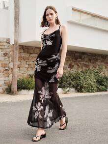 SHEIN 女士印花细肩带修身优雅吊带连衣裙 - 黑色 - 查看 4