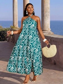 Lunelith SHEIN Lunessa Đầm dài cổ in kỹ thuật số họa tiết nhuộm tie-dye - Màu xanh Cadet - Xem 8