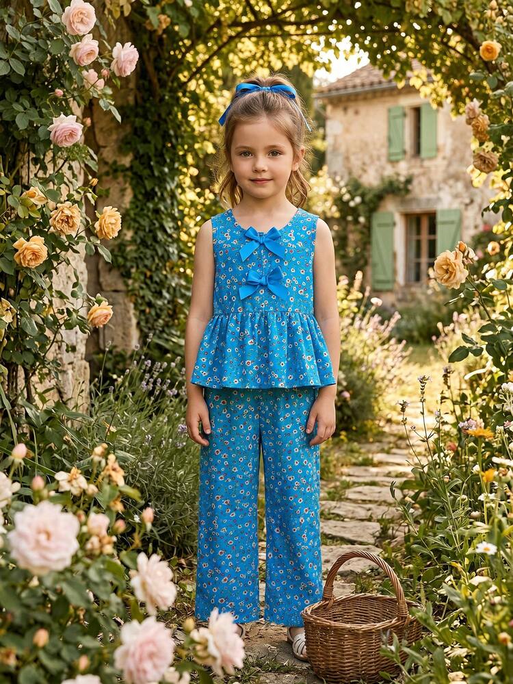 SHEIN Vintaside Kids 女童碎花两件套，棕色蝴蝶结装饰无袖上衣+配套阔腿裤，甜美可爱休闲装，夏季 - 淺藍色 - 查看 8