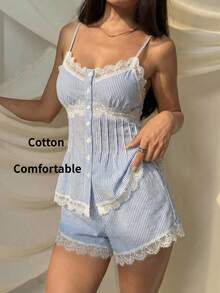 SHEIN EZwear Bộ đồ nữ dệt sọc xanh dương, kiểu dáng thường ngày, 2 món. - Xanh và trắng - Xem 10