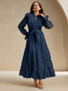 Anewsta Elaire Vestido elegante con volantes de encaje floral en el bajo, adecuado para otoño, invierno, primavera, Año Nuevo, fiesta, boda, elegante, con estilo, formal, trabajo, Acción de Gracias, graduación, Navidad, festival - Azul Marino - Ver 3