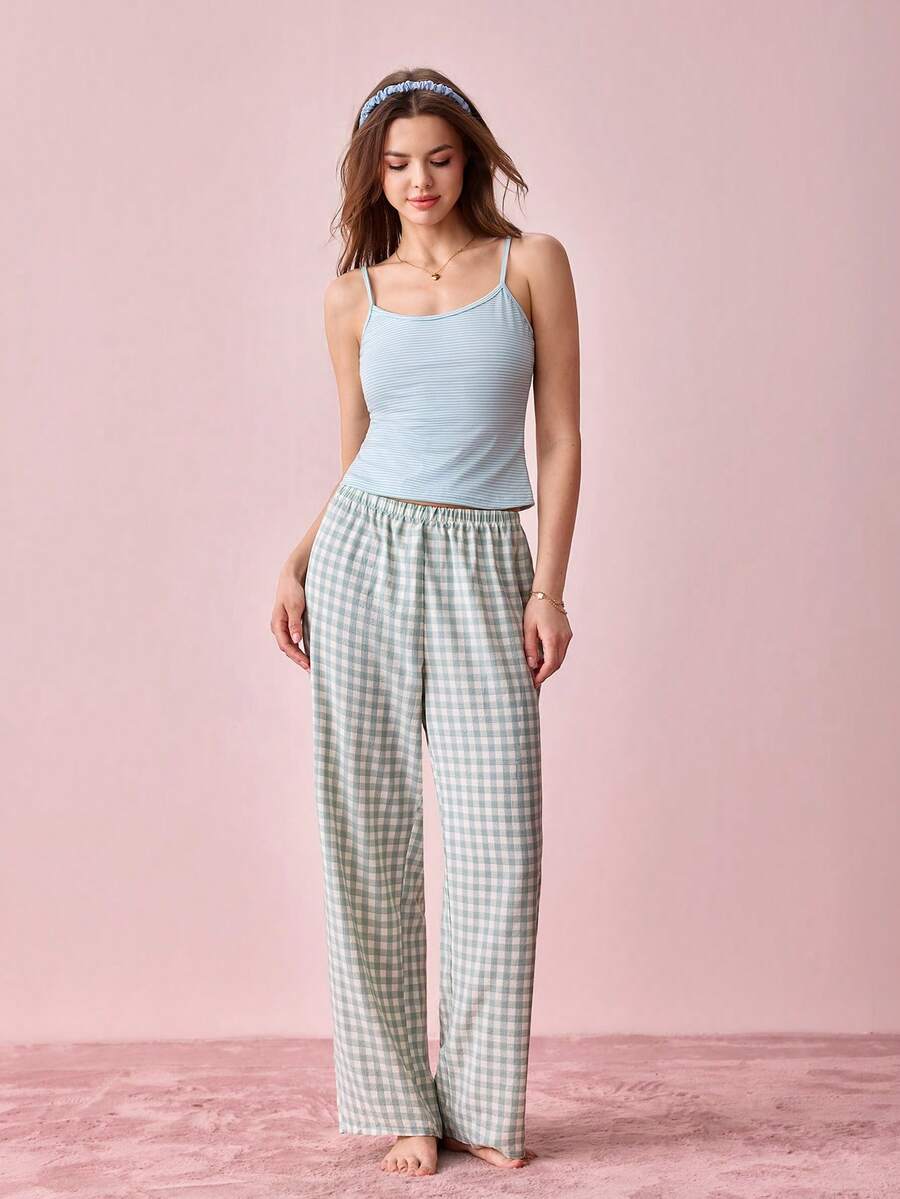 Bonmuse Women's Fresh Striped Top And Plaid Pants Pajama Setfor Summer - Multicolor - View 1