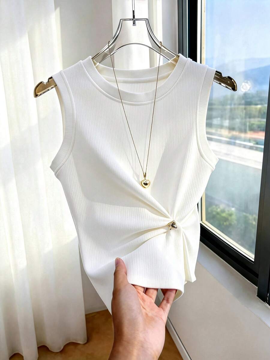 Everyssa Knitted Ribbed Crew Neck Casual Metallic Decor Design Retro Commuter Elegant Slim Fit Women Tank Top, Spring/Summer - White - View 1