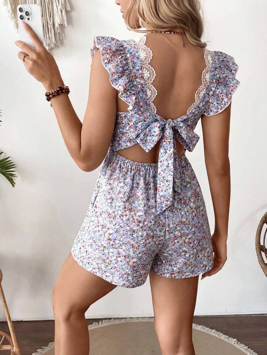 SHEIN 孕妇碎花拼接荷叶边露背系带连体衣 - 藍色 - 查看 1