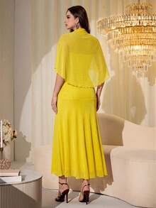 Modelyn Elegant Mesh Shiny Strapless Shawl Sleeve Fitted Long Dress For Women, Spring & Autumn - Yellow - View 2