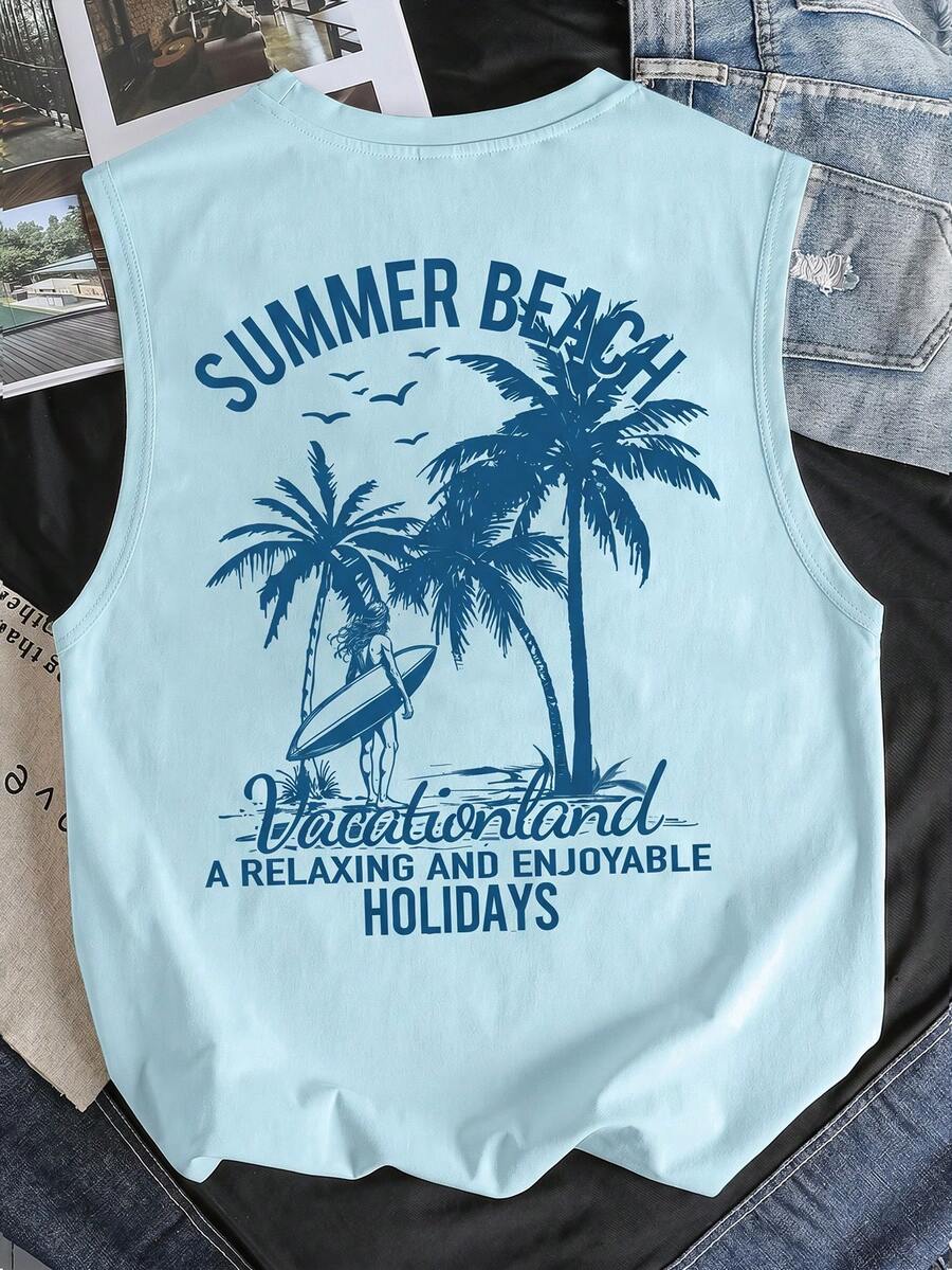 Manfinity Joysei Men's Summer Casual Beach Vacation Tropical Coconut Tree Print Knit Loose Fit Tank Top, Holiday - Teal Blue - View 1