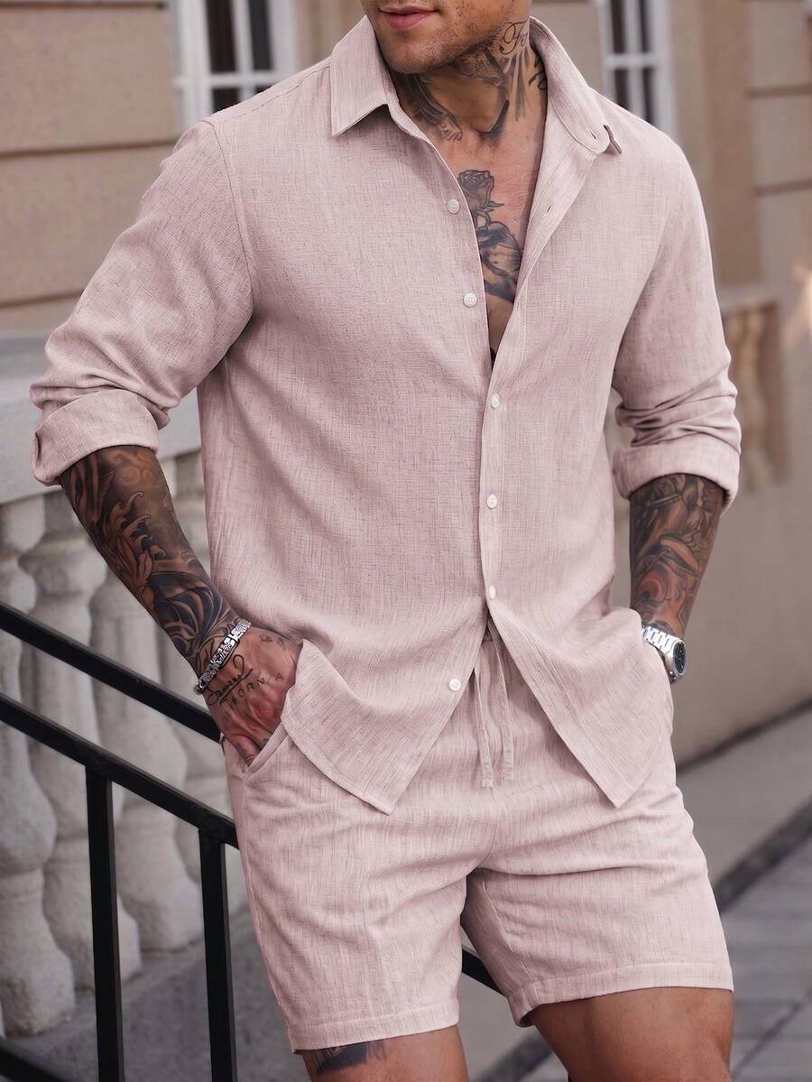 Manfinity RSRT 2pcs Men's Solid Color Front Button Long Sleeve Shirt And Slant Pocket Shorts Set, Holiday - Pink - View 1