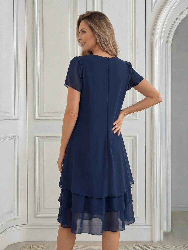 Middle-Aged & Elderly Women's Solid Color Round Neck Petal Short Sleeve Dress,Summer Dress,Going Out Dress,Elegant Women's Dress,Ruffle Dress,Blue Dress