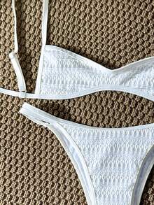 Swim Mod Conjunto de microbikini con tela jacquard y adorno de crochet para mujer, primavera/verano - Beis - Ver 5