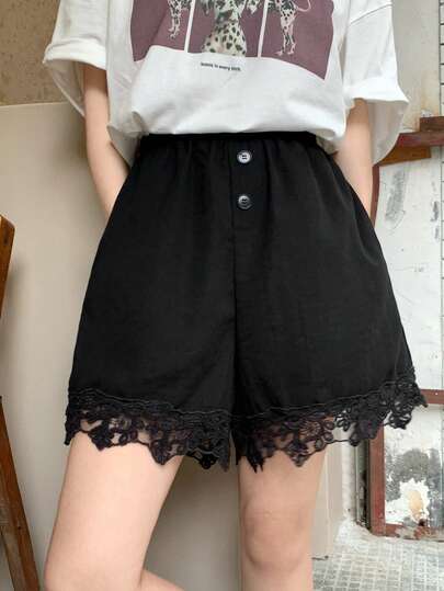 DAZY Contrast Lace Elastic Waist Casual Vacation Summer Shorts For Women