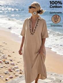 SHEIN Holidaya 夏季100%纯棉精致刺绣连衣裙，海岛度假海滩波西米亚风优雅休闲刺绣V领女士长裙 - 卡其色 - 查看 7