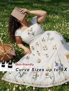 SHEIN CURVE+ 大码女士波西米亚风露肩印花连衣裙，浪漫茶会连衣裙，野花连衣裙，花园连衣裙，复古连衣裙，春季连衣裙，夏季连衣裙，茶会连衣裙，沙滩连衣裙，户外连衣裙，优雅连衣裙，波西米亚风，奢华晚礼服，毕业礼服，度假连衣裙，碎花连衣裙，夏季连衣裙，女士春季连衣裙 - 彩色 - 查看 1