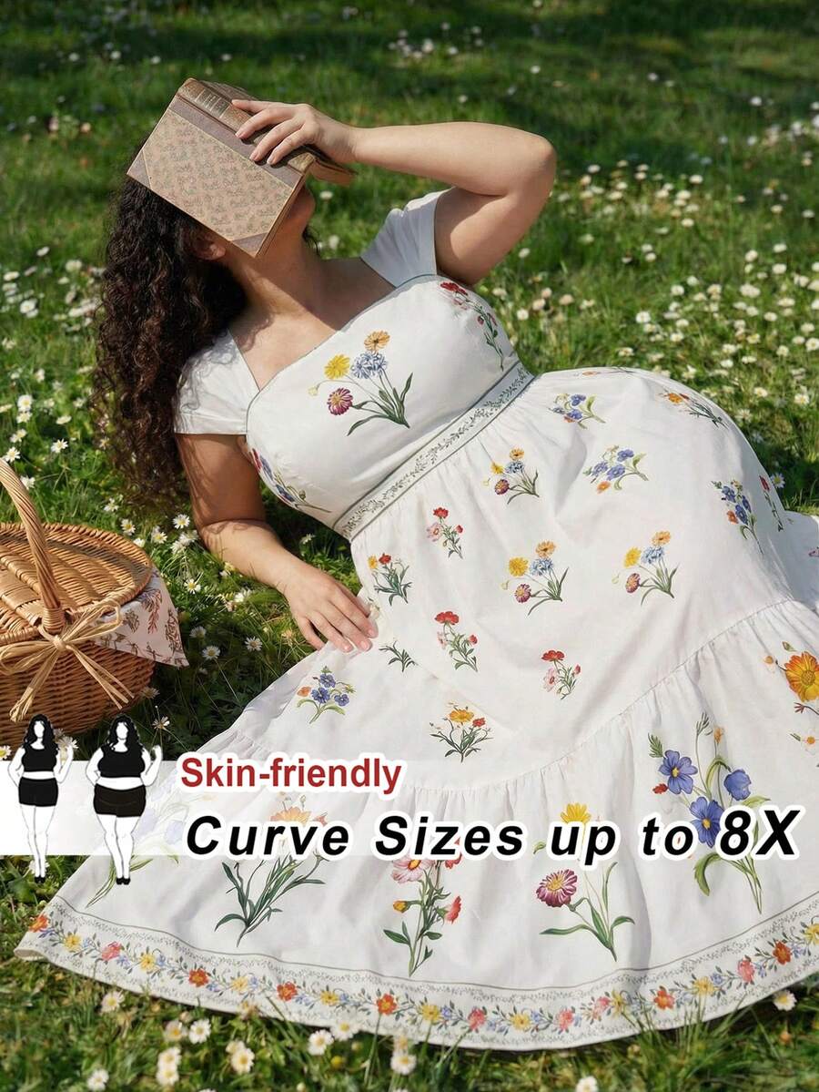 SHEIN CURVE+ 大码女士波西米亚风露肩印花连衣裙,浪漫茶会连衣裙,野花连衣裙,花园连衣裙,复古连衣裙,春季连衣裙,夏季连衣裙,茶会连衣裙,沙滩连衣裙,户外连衣裙,优雅连衣裙,波西米亚风,奢华晚礼服,毕业礼服,度假连衣裙,碎花连衣裙,夏季连衣裙,女士春季连衣裙 - 彩色 - 查看 1