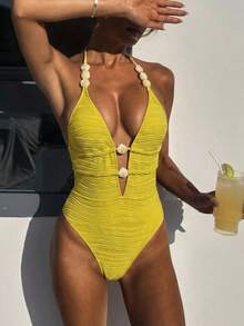 Swim Chiccia Áo tắm một mảnh hở lưng, buộc dây phía trước, màu trơn, chất liệu vải có họa tiết, gợi cảm dành cho nữ mùa hè đi biển. - Limelight Green - Xem 3