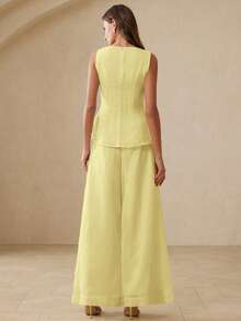 BELROSIE Ensemble 2 pièces décontracté et polyvalent, composé d'un Top à col rond, ourlet parapluie et rayures texturées sans manches, associé à un pantalon ample à jambes larges et plissées - Jaune d'oie - Voir 2