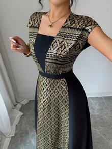 SHEIN Franclia Đầm thanh lịch cho nữ, đầm nghỉ dưỡng cho nữ, trang phục mùa hè cho nữ, đầm dự tiệc, đầm nữ, đầm vải ánh kim, đầm dài cho nữ, đầm đen, đầm ghép mảnh cho nữ - vàng đen - Xem 3