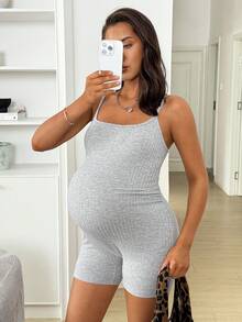 SHEIN Maternity Solid Color Ribbed Jumpsuit, Casual & Fitted World Cup - Grey - View 4