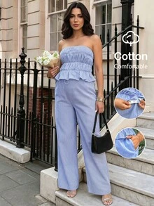 SHEIN Bộ đồ bầu gồm áo quây xếp ly kẻ sọc và quần ống rộng, kiểu dáng thường ngày, gồm 2 món. - Xanh và trắng - Xem 1