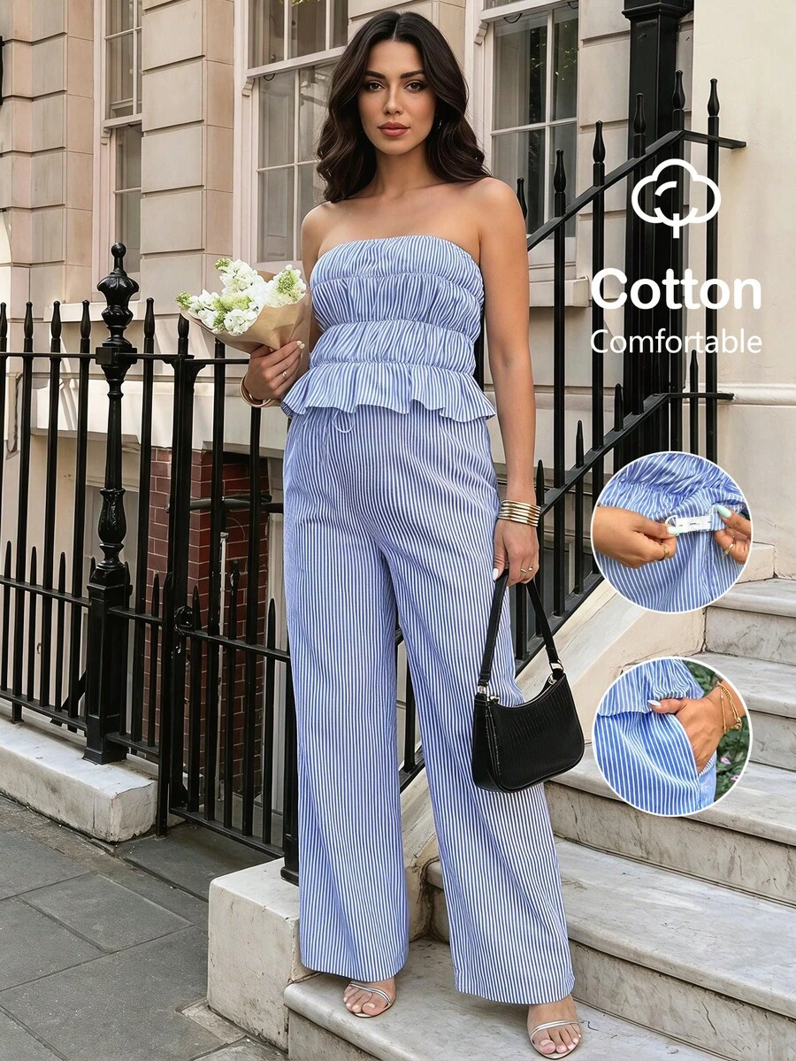 SHEIN Bộ đồ bầu gồm áo quây xếp ly kẻ sọc và quần ống rộng, kiểu dáng thường ngày, gồm 2 món. - Xanh và trắng - Xem 1