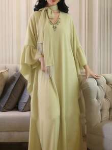 Al Najma New V-Neck Handcrafted Rhinestone Ruffle Sleeve Elegant Cocktail Party Vacation Dress - Yellow - View 1