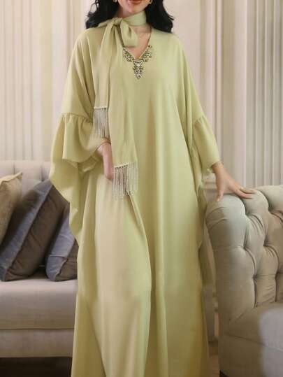 Al Najma Đầm dự tiệc cocktail thanh lịch, tay bồng, cổ chữ V, đính đá thủ công, thích hợp cho kỳ nghỉ.