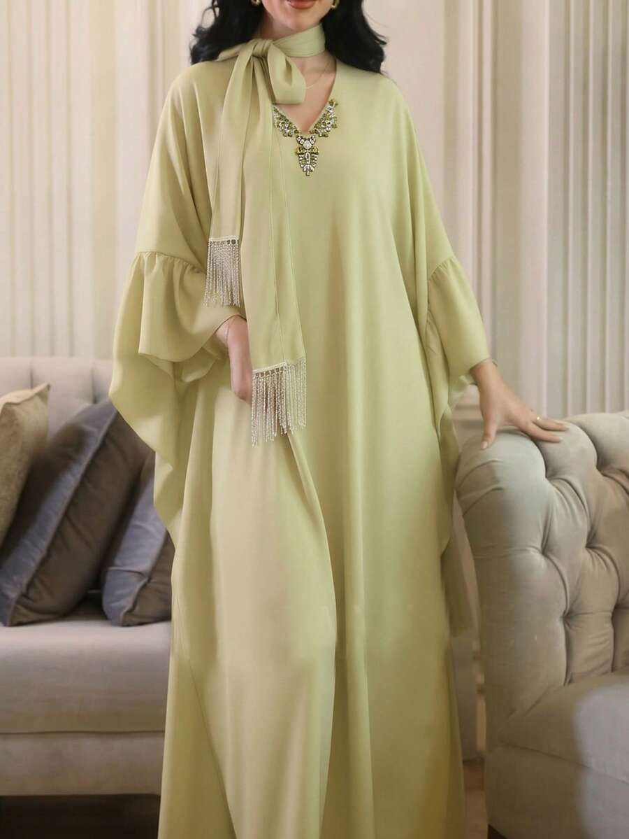 Al Najma New V-Neck Handcrafted Rhinestone Ruffle Sleeve Elegant Cocktail Party Vacation Dress - Yellow - View 1