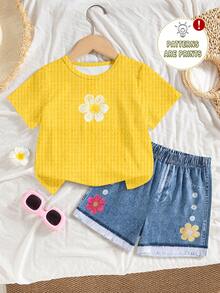 2 Stücke/Set Kleine Mädchen Lässig Blume Muster Kurzarm Strick T-Shirt und Shorts mit Kunstdenim, Blumen und Perlen Verzierung, Mädchen bequemer Strick Outfit für den Alltag Outfit, geeignet für Sommerurlaub, neue SS26 Modische Sommer Outfits - Verschiedenfarbig - Übersicht 2