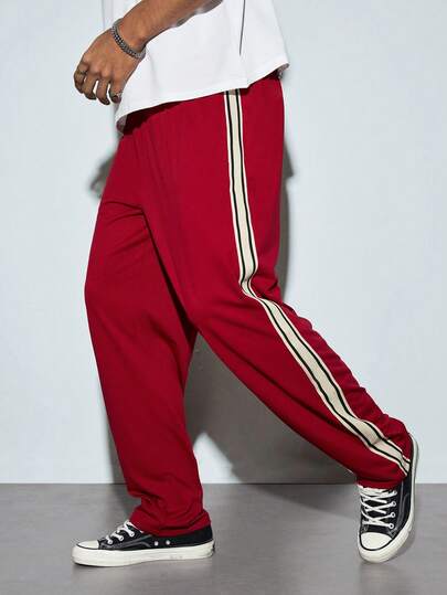 Modcrash 1pc Men's Burgundy Side Stripe Sweatpants, Loose Straight Leg Casual Joggers
