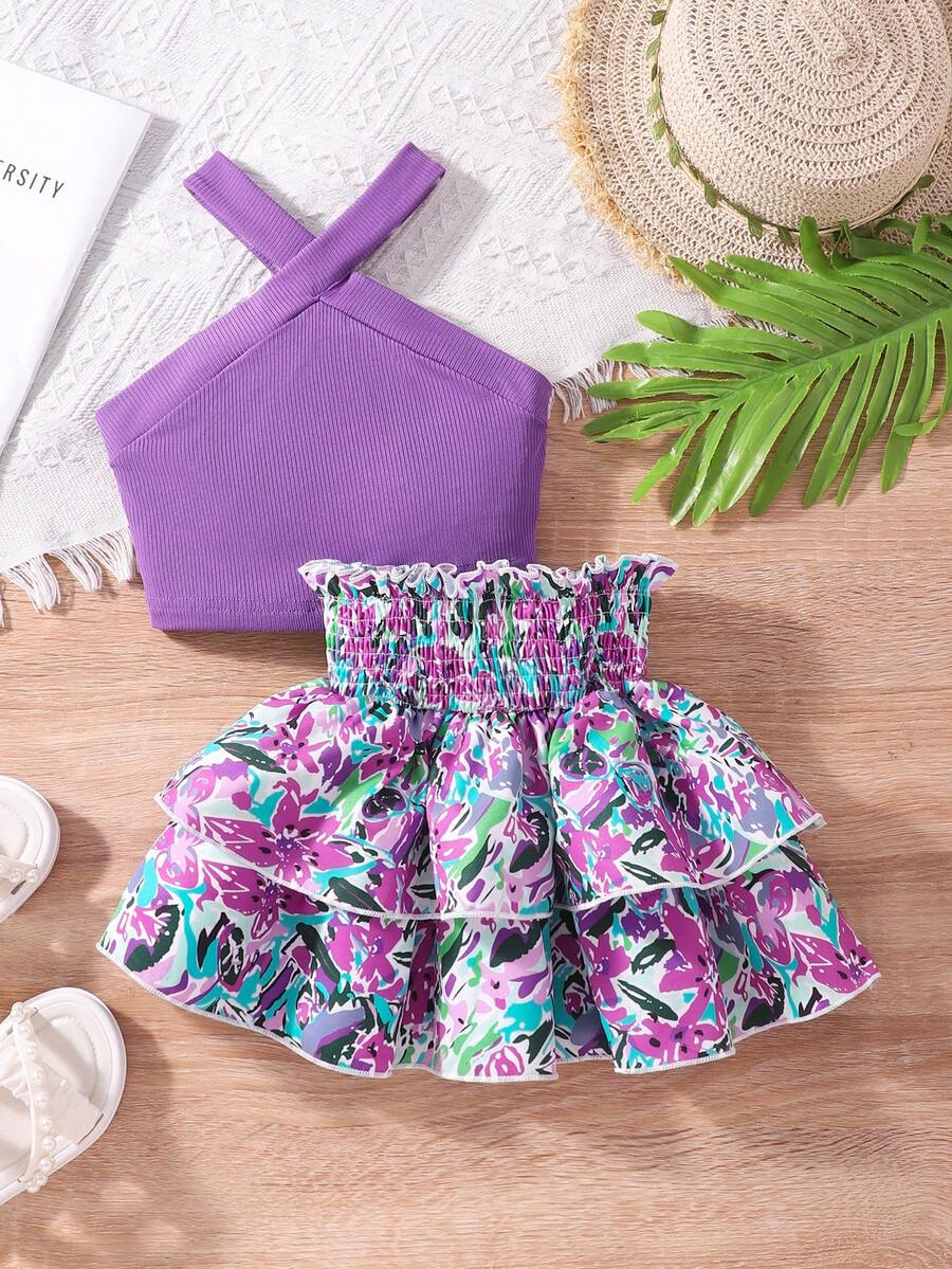 SHEIN Genkimix Kids 少女度假休閒掛脖純色背心與彈性腰花卉荷葉邊裙套裝,夏季 - 紫色 - 查看 1