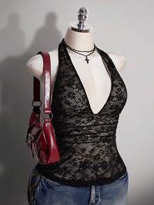 SHEIN ICON Women's Plus Size Black Summer Goth Night Out Club Y2K Lace Deep V-Neck Halter Neck Camisole Top,Retro Skin Tone Contrast Waist Gathered Tank Top - Black - View 1