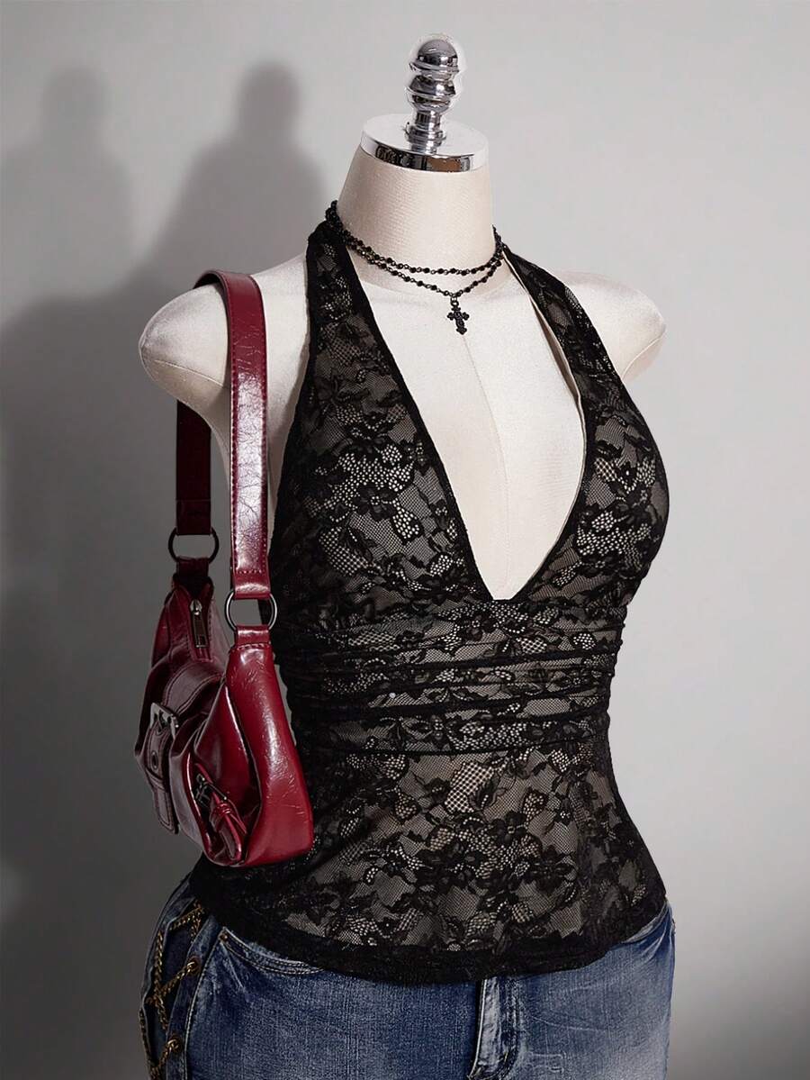 SHEIN ICON Women's Plus Size Black Summer Goth Night Out Club Y2K Lace Deep V-Neck Halter Neck Camisole Top,Retro Skin Tone Contrast Waist Gathered Tank Top - Black - View 1