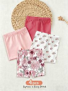 SHEIN Playful Pals 4件套女婴纯色弹力腰带打底裤/紧身裤/骑行短裤套装，适合6个月至2-3岁宝宝，可爱甜美的多彩系列，花卉图案，纯色，简约花卉设计，春夏装扮，春日气息，夏日氛围，春夏套装，舒适百搭，时尚女童套装，休闲装，儿童花卉图案服装，春夏套装，新款，清爽舒适，春夏休闲风 - 彩色 - 查看 2