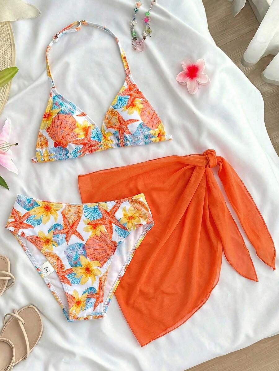 SHEIN 3件套女童橙色贝壳印花泳衣套装,沙滩度假风热带橙色泳装三件套,夏季女童泳装套装,适合青少年女孩的沙滩套装 - 彩色 - 查看 1
