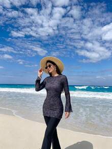 Swim Mulvari Plant Print Flare Sleeve Top And Pants Burkini Set - Black - View 2