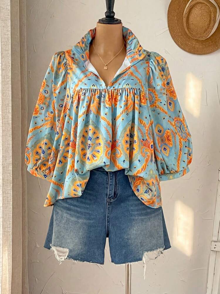 Plus Size Women's Beach Vacation Floral Print Lantern Sleeve Loose Blouse, Suitable For Spring, Summer And Autumn