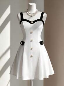 Endroma Elegant White And Black Knit Camisole Dress,A-Line Silhouette Color Block Design,Perfect For Summer Tea Party,Vacations,Everyday Wear & Commuting - Black and White - View 1