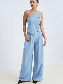Aveloria Modichic Standard Size Solid Color Asymmetric Collar Sleeveless Vest And Wide Leg Pants Casual Suit Set - Baby Blue - View 4