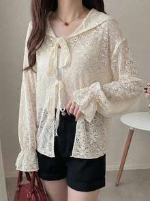 FRIFUL Blusa holgada con capucha de encaje para mujer, otoño - Albaricoque - Ver 4