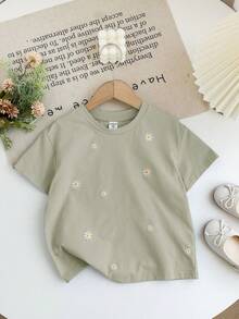 SHEIN LMoss Kids Young Girl Embroidered Loose Fit Crew Neck Casual T-Shirt - Olive Green - View 4