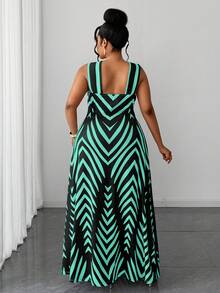 Maweii Plus Size Women Patchwork Color Casual Party Dress - Green - View 3