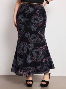 ROMWE Avant Summer Outfits Oriental Aesthetic New Chinese Style Dragon Pattern Print Mesh Bodycon Mermaid Skirt, Plus Size - Black - View 3