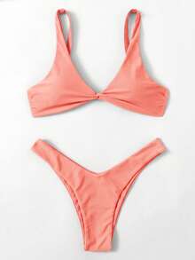 Swim Basics 女士夏季沙滩纯色扭结性感比基尼泳装套装 - 珊瑚粉 - 查看 3