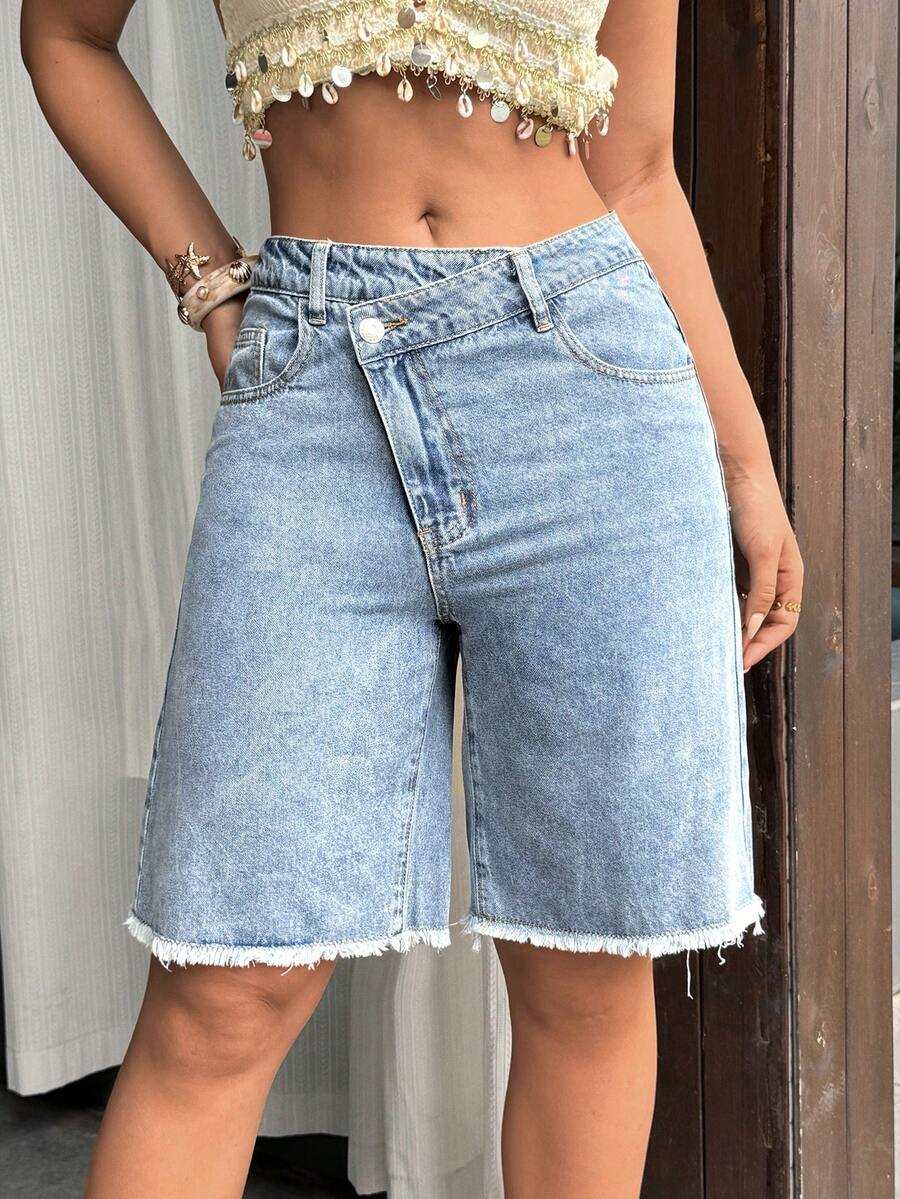 SHEIN Tall 女士休闲日常口袋纽扣牛仔短裤 - 藍色 - 查看 1