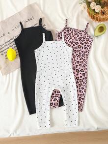 SHEIN Bộ đồ đôi cho bé gái và mẹ, kiểu dáng thường ngày, dễ phối đồ, gồm áo hai dây và quần legging ôm sát, chất liệu gân, màu đen + xám tro + họa tiết da báo. - Nhiều màu - Xem 7