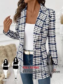 SHEIN PETITE CURVE 大码女士优雅格纹西装外套，百搭日常长袖西装外套，经典格纹西装外套，适合通勤，秋季女士格纹西装外套，千鸟格西装外套，办公室西装外套，女士秋季格纹西装外套，适合外出、商务休闲、职业女性，舒适的秋冬女装 - 藍白色 - 查看 3