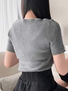 FRIFUL Women's Round Neck Hollow Out Front Short Sleeve 2 In 1 Sweet Knit Top, Summer - Grey - View 4
