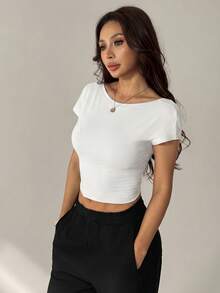 SHEIN PETITE Women's Casual Solid Color Backless Cropped T-Shirt, Summer,Summer Top - White - View 4